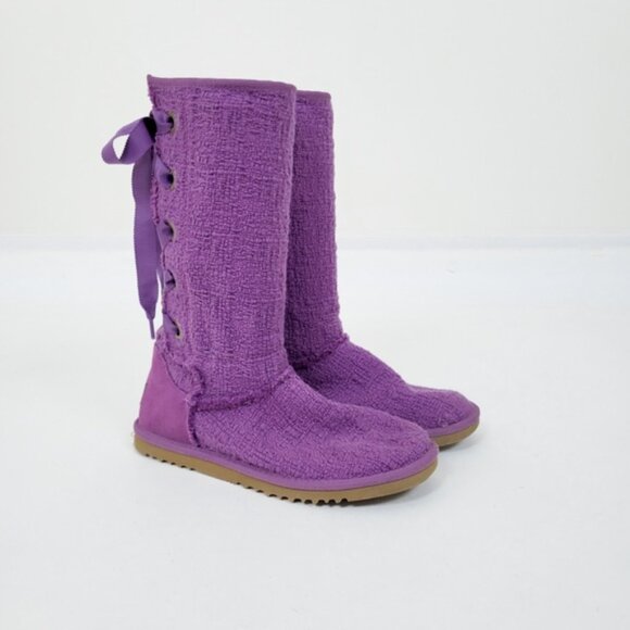 UGG Australia Heirloom Laceup Boots LaceUp Purple Woven Knit Ribbon Lilac - Picture 2 of 10